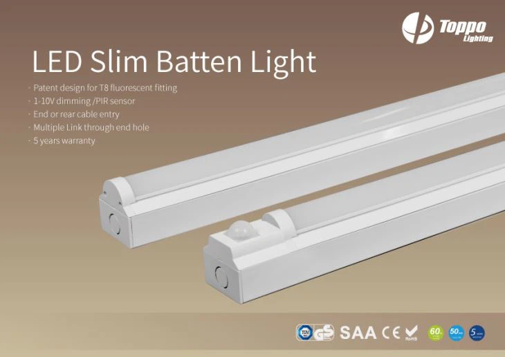 Výkonový faktor PF> 0,95 LED Slim Batten Light 120 ° Bean uhla 6700Lm Slim LED Batten